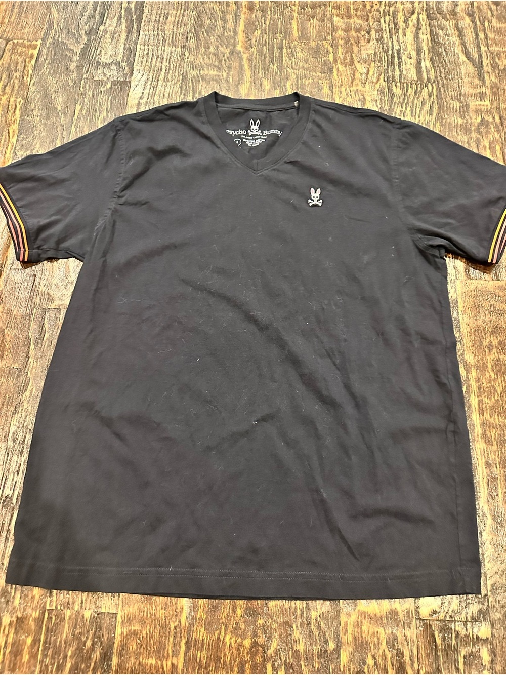 Psycho Bunny Black V-Neck Tee with Striped Sleeve Trim